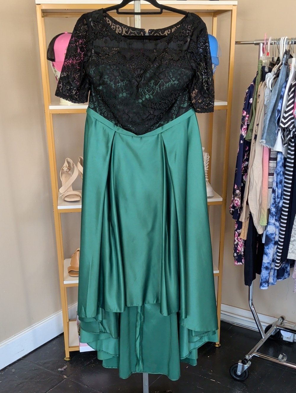 Green Satin High-Low Dress with Black Lace Bodice